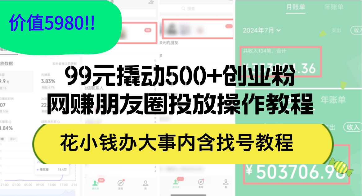 99元撬动500+创业粉，网赚朋友圈投放操作教程价值5980！花小钱办大事内…-科景笔记